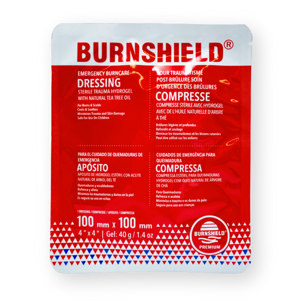 Burnshield - Emergency Burncare Dressing. Burnshield is sterile, and contains trauma hydrogel with natural tea tree oil.