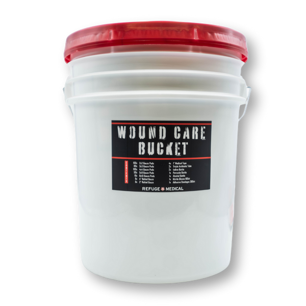 The Wound Care Bucket is designed to address the most common needs of the caregiver for long term treatment of grievous injuries.